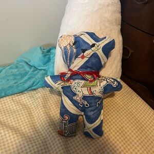 Handmade Blue Patterned Teddy Bear with Red Ribbon